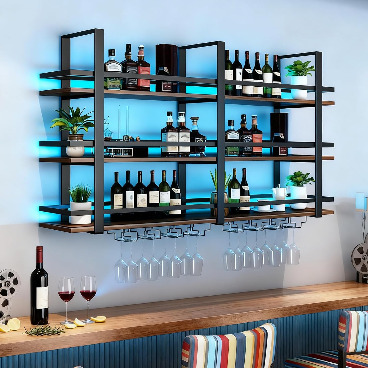 Wall Mounted Wine Rack with LED Lights, 3-Tier Large Capacity Metal & Wood Liquor Racks for Liquor Bottles and Glasses Holder, Industrial Floating Bar Shelves for Home, Kitchen (39.4×8.7×47.2in)