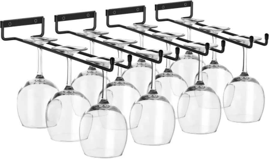 Wine Glass Holder - 12 Inch Wall Mounted Wine Glass Rack for Under Cabinet Organization and Storage - Kitchen Shelves for Home Bar Holds Up to 4 Stemware Wine Glasses Each, 16 Total (4 Pack) 2 Pack Glass Rack Set