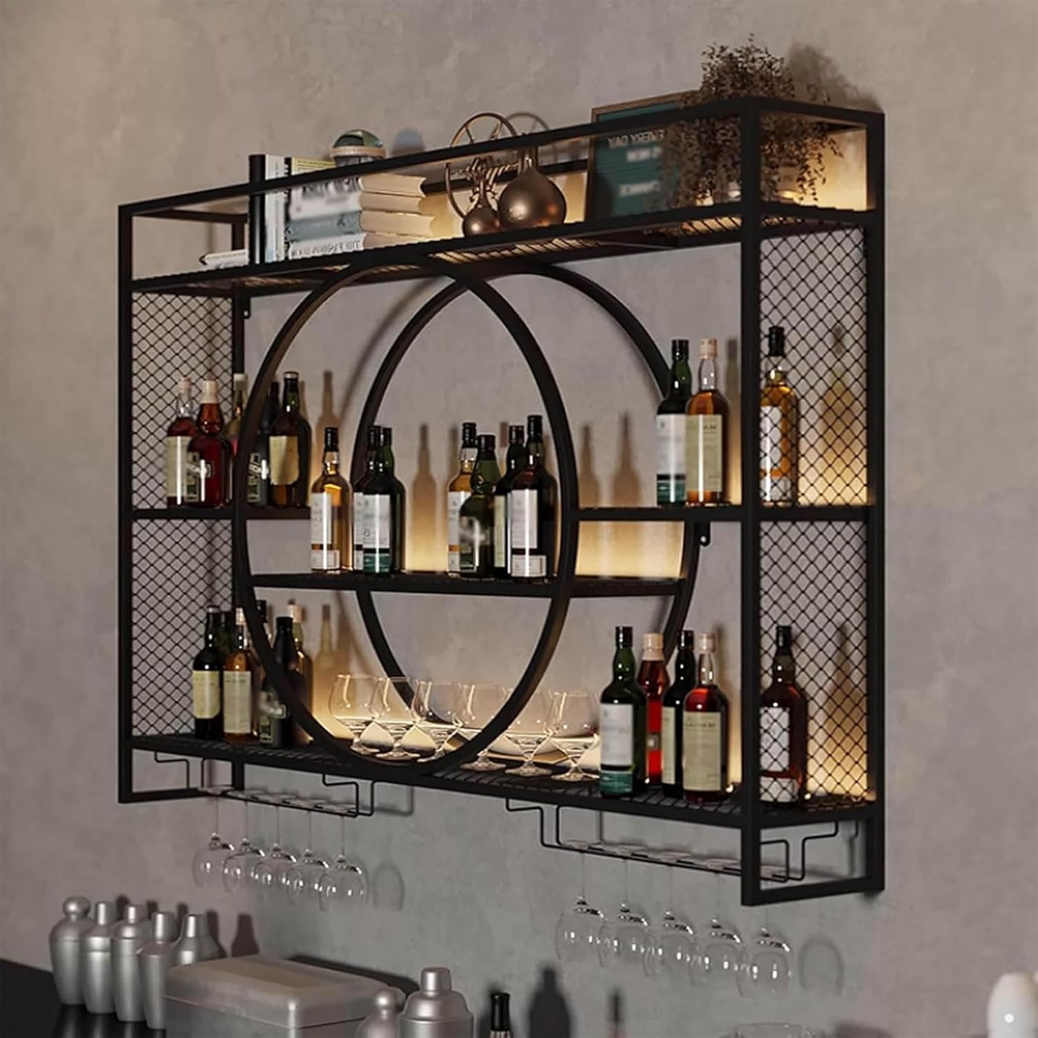 Liquor Bottles Bar Shelves Wall Mounted with LED Lighting Glass Holder, Wine Rack 3-Tiers Display Storage Organizer Hanging Long Stemware Goblet Metal for Home Cellar Black 39in 39"x 6"x 33"
