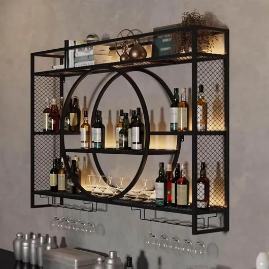 Liquor Bottles Bar Shelves Wall Mounted with LED Lighting Glass Holder, Wine Rack 3-Tiers Display Storage Organizer Hanging Long Stemware Goblet Metal for Home Cellar Black 39in 39"x 6"x 33"
