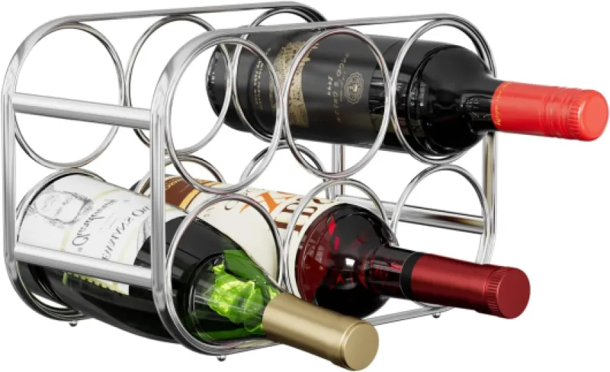 6-Bottle Wine Rack, Modern Metal Countertop Wine Holder Stand for Kitchen, Pantry & Cabinet Storage, No Assembly Required, Silver