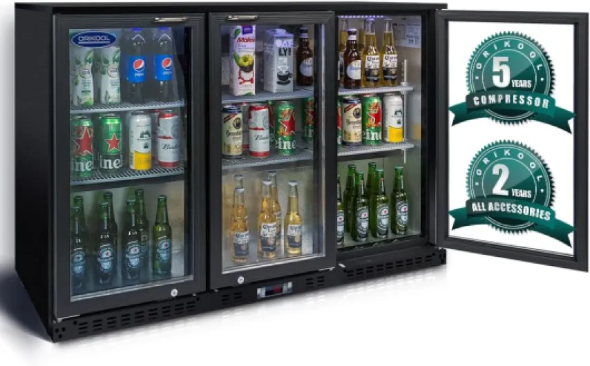 Back Bar Cooler - 480 Can Capacity Beverage Refrigerators, 3 Hinged Glass Doors, LED Lighting, Adjustable Shelves, Safety Door Lock, Perfect for Bars, Restaurants & Home 3 swing doors