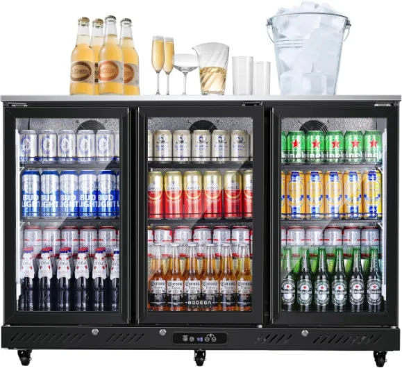 COOLER Commercial Bar Cooler With 3 Glass Doors,12 Cu.Ft Counter Height Back Beverage Refrigerator,Display Bar Fridge with LED Lighting,Beverage Cooler for Beer Stainless Steel Top,With Casters