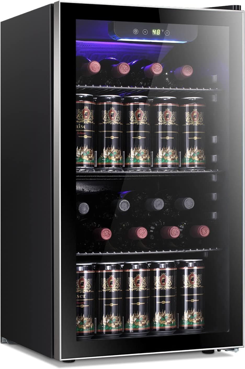 26 Bottle 130 Can Wine Cooler/Cabinet Beverage Refrigerator Mini Wine Cellar Beer Soda Clear Glass Door Bar Fridge Quiet Compressor Adjust Temp Freestanding Indoor Use 3.2cu.ft Black 3.2 Cu - ft Silver