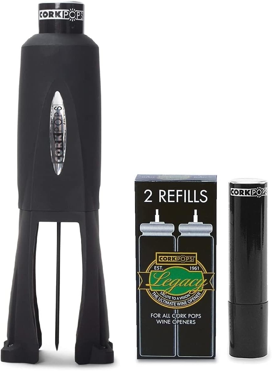 Legacy Wine Opener w/ 3 Refill Cartridges Built-in 4-Blade Foil Cutter Safe Cork Removal, Effortless Push Button Use, Needle Guard for Safety, Low-Pressure Cartridge Opens Up To 60 Bottles Black