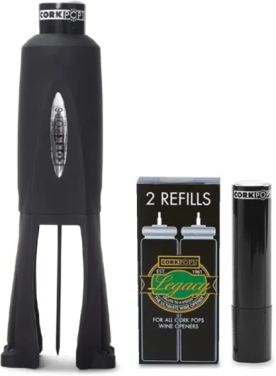 Legacy Wine Opener w/ 3 Refill Cartridges Built-in 4-Blade Foil Cutter Safe Cork Removal, Effortless Push Button Use, Needle Guard for Safety, Low-Pressure Cartridge Opens Up To 60 Bottles Black