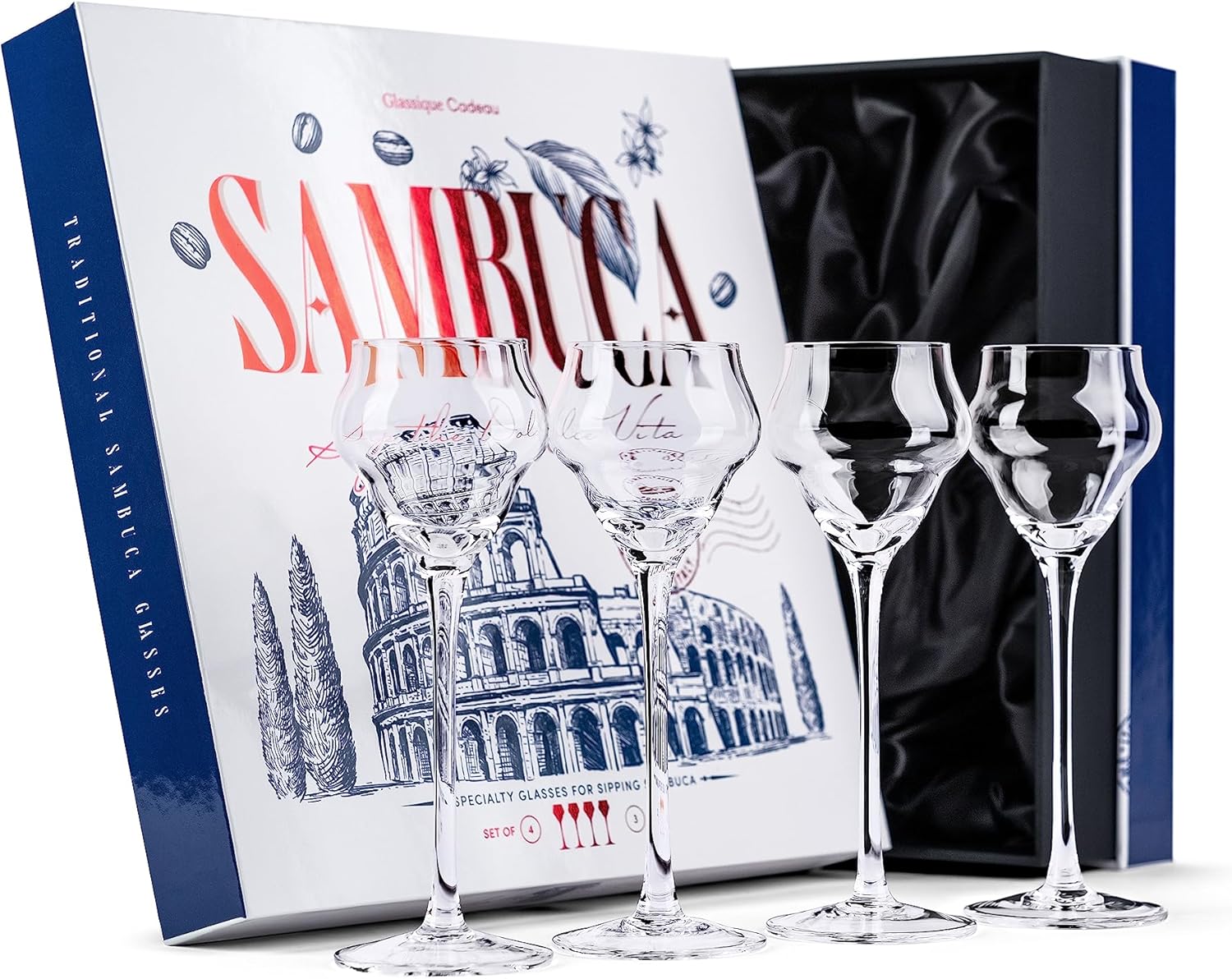 Crystal Sambuca, Cordial, Digestive Glasses with Long Stem for Sipping After Dinner Drinks - Set of 4 - 3 oz Tall Stemmed Liquor Glassware for Aperitif, Amaro, Liqueur, Spirits