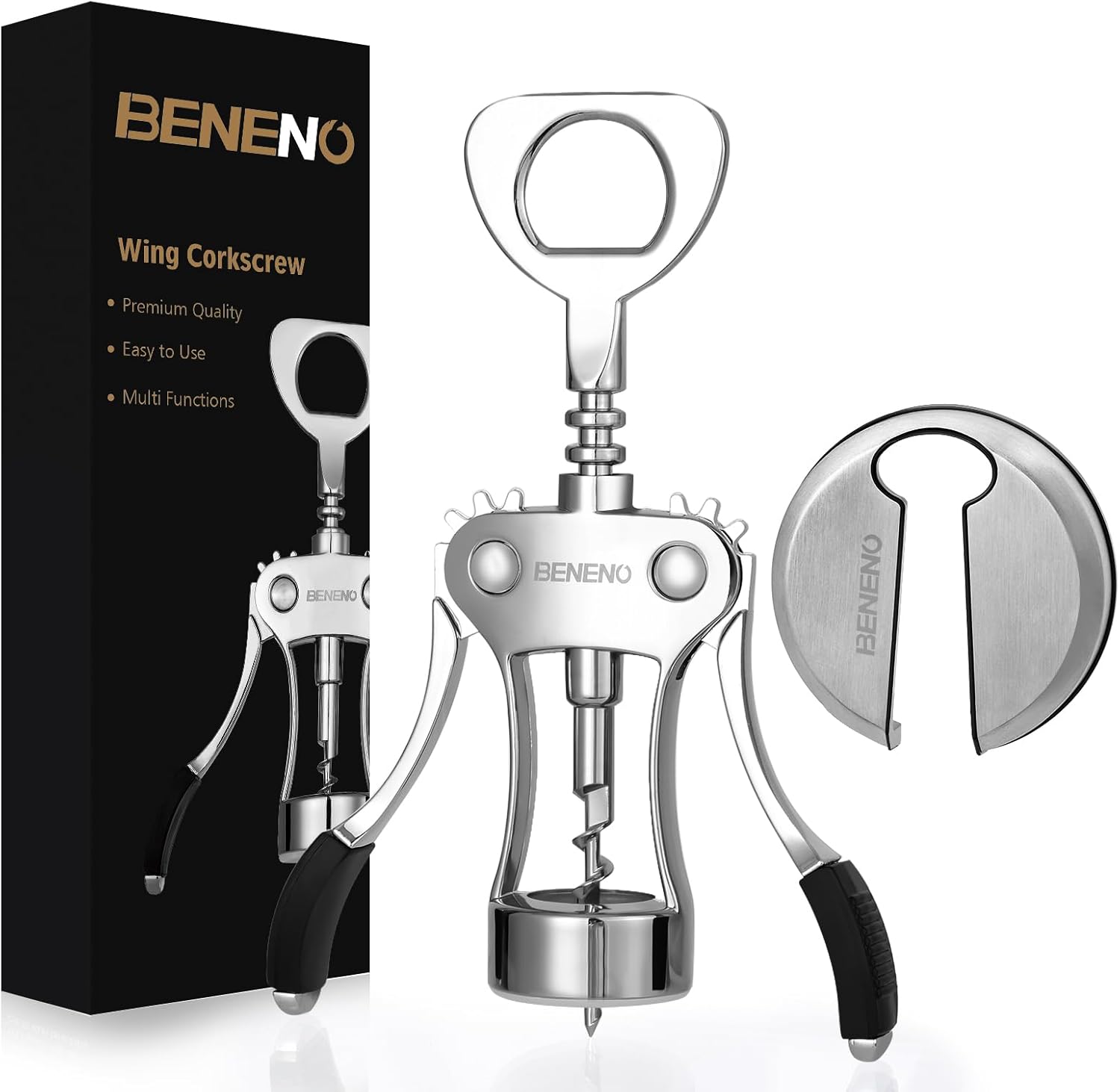 Wine Opener with Stainless Steel Wine Foil Cutter - Bottle Top Seal Cutter, Zinc Alloy Premium Wing Corkscrew with Multifunctional Bottles Opener, Ash silver