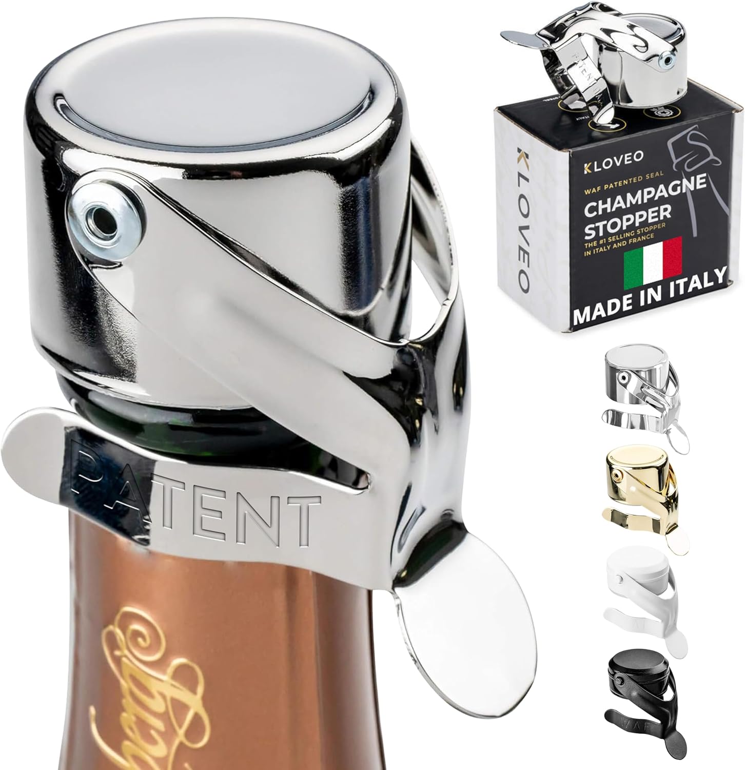 Champagne Stoppers - Patented Seal - Made in Italy - Professional Grade WAF Champagne Bottle Stopper - Prosecco, Cava, and Sparkling Wine Bottle Stopper Chrome 1