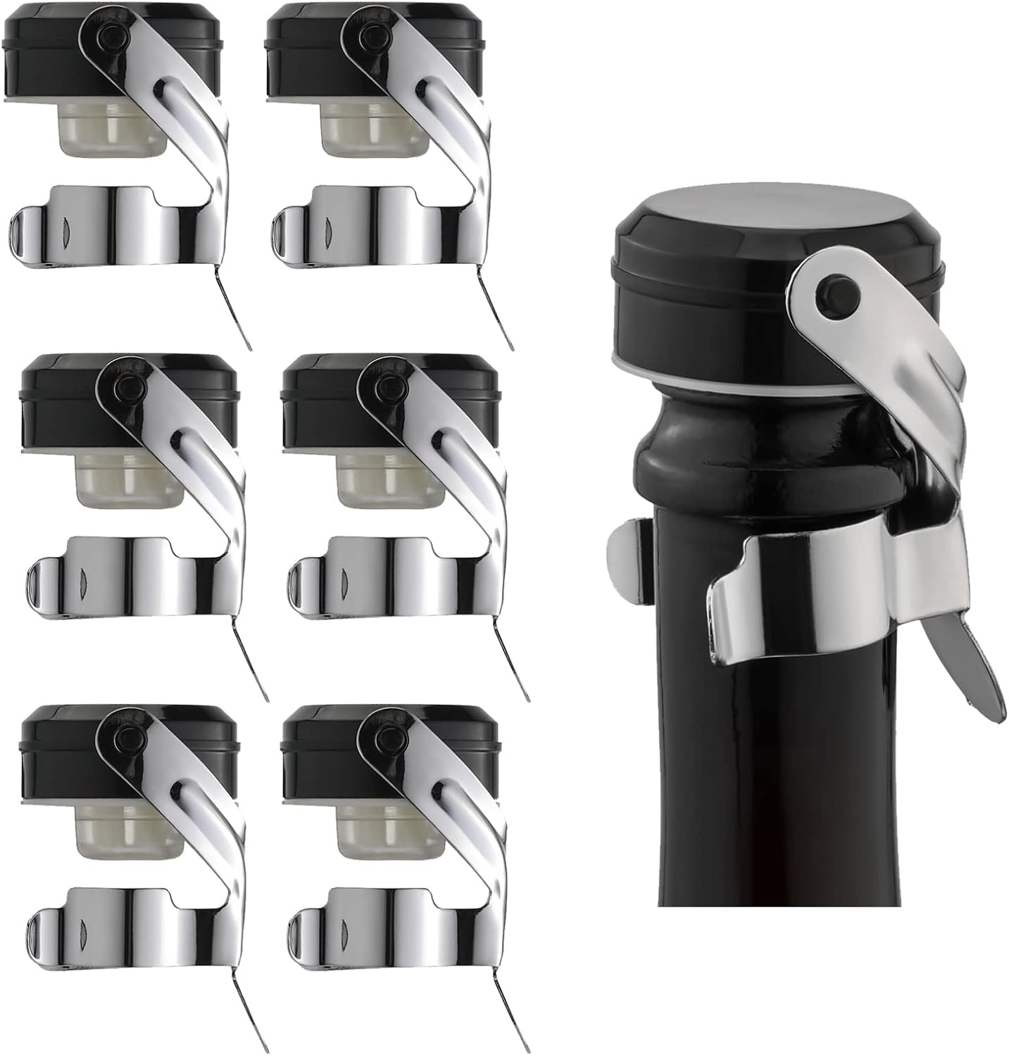 Champagne&Wine Bottle Stoppers Stainless Steel with Food Grade Silicone, Leak Proof Keep Fresh Reusable Saver, Cork Suitable for Wine, Champagne, Cava, Prosecco and Sparkling (6 Pack Silver） Silver 6Pack