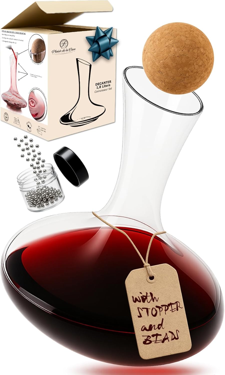 Wine Decanter & Accessories (Cork Stopper + Cleaning Beads) - 100% Lead-Free Crystal Wine Carafe – Unique Gift Idea 60.9 Ounces
