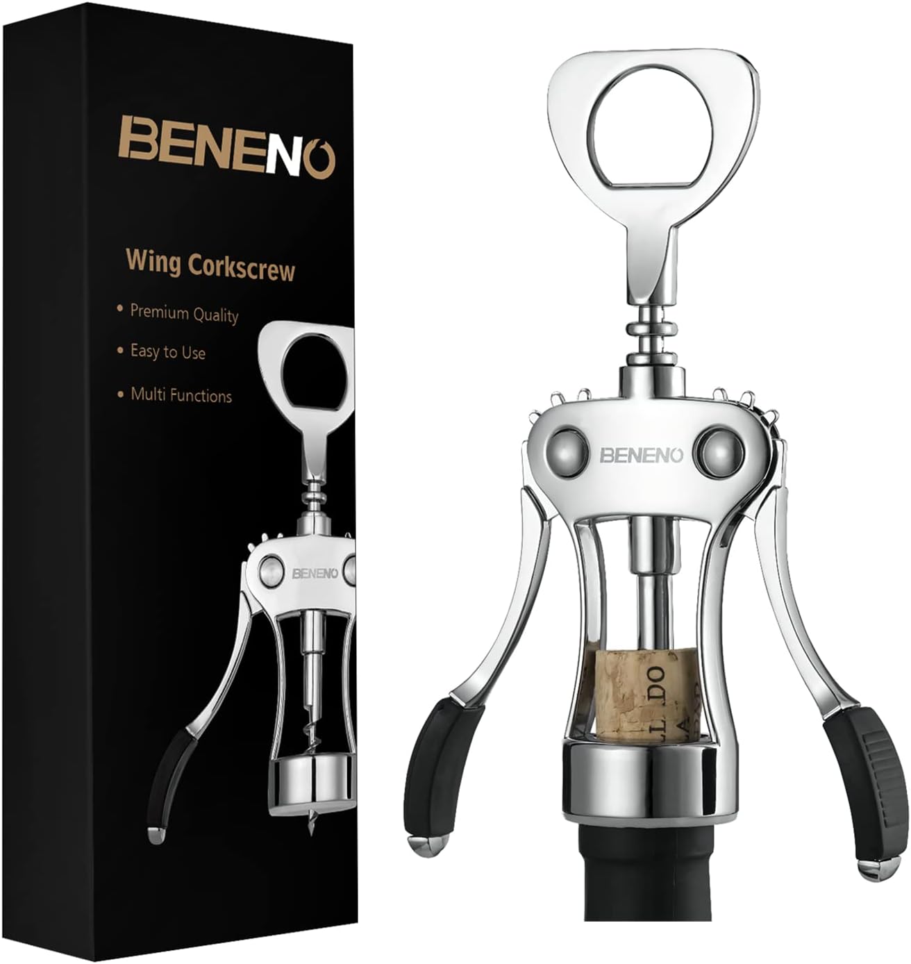 Wine Opener, Zinc Alloy Premium Wing Corkscrew with Multifunctional Bottles Opener, Sharp Wine Corkscrew with Ergonomic Non-Slip Wing Handle, Silver