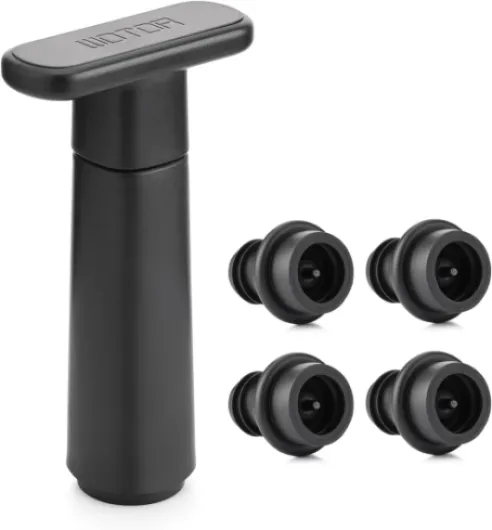 Wine Saver Vacuum Pump with 4 Stoppers, Wine Stopper & Preserver, Reusable Bottle Sealer Keeps Fresh, Ideal Accessories Gift (Flat Handle) Black 1 Pump + 4 Stoppers