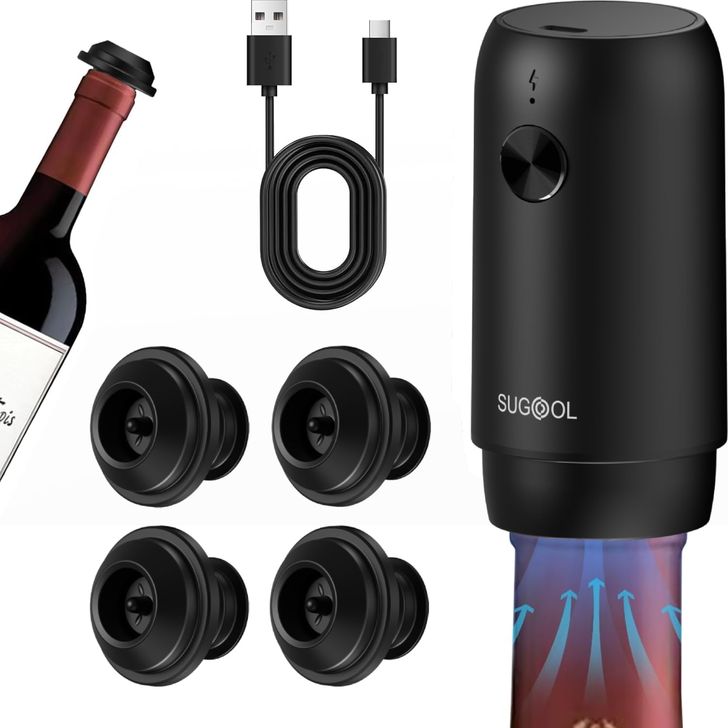 Electric Wine Saver & Preserver Pump with Vacuum Wine Bottle Stopper, Rechargeable, 4 Reusable Wine Bottle Stoppers, Wine Sealer, Keep Wine Fresh for Days With 4pcs Stoppers