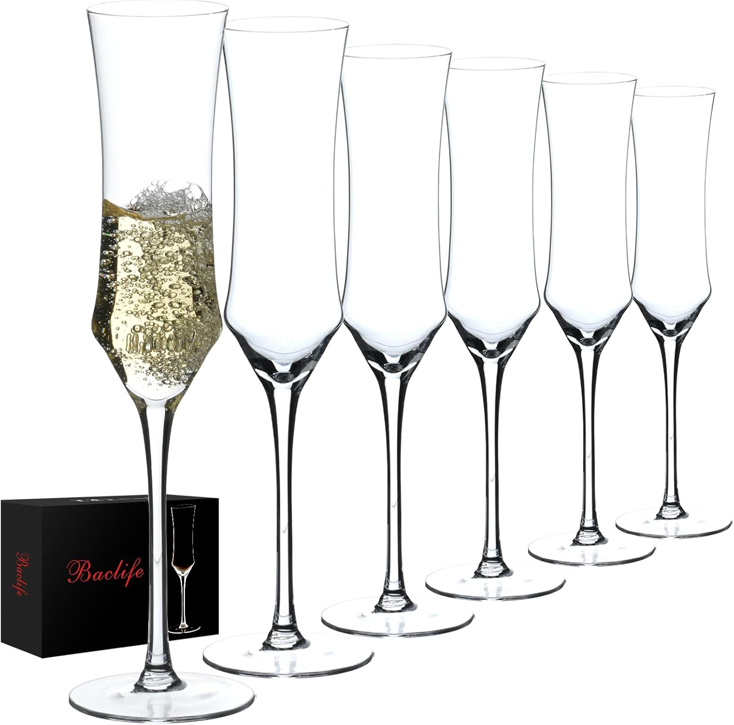 Champagne Flutes Set of 6 - Hand Blown Crystal Champagne Glasses With Long Stem - 7 oz Elegant Sparkling Wine Stemware - Unique Gift for Birthday,Wedding,Mother's Day,Housewarming 6Pcs 7oz
