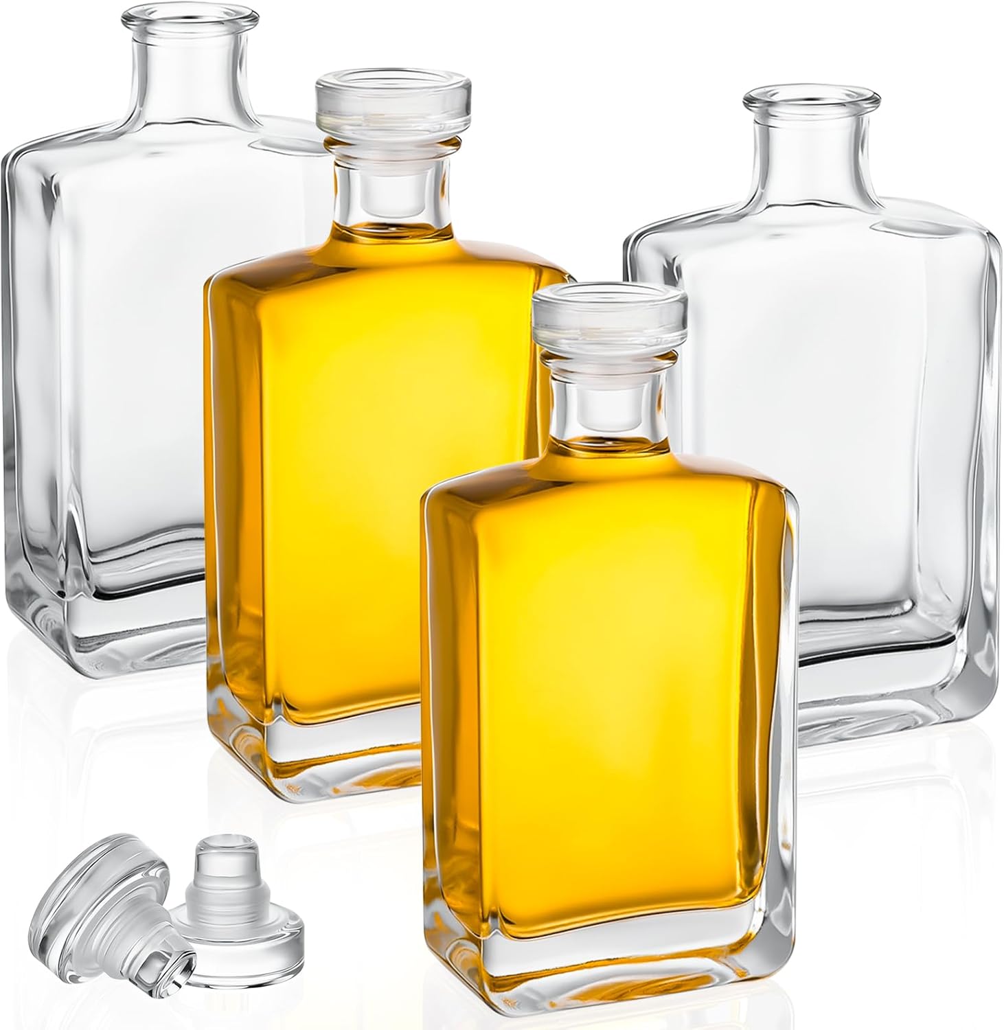 200ml Glass Bottles with Lids and Bottle Brush - 4 Pack 6.7 oz Square Mini Wine Bottles for Wine Making Whiskey, Vodka, Beer, Soda, Drinks, Party Favors, Decoration 6.7 oz/200ml Transparent