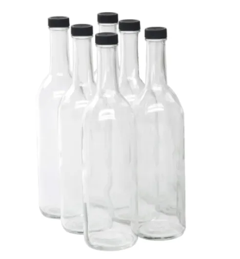 750ml Clear Glass Bordeaux Wine Bottle Flat-Bottomed Screw-Top Finish - with 28mm Black Plastic Lids - Case of 6
