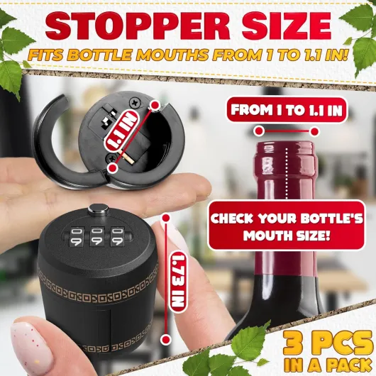 3 PCs Bottle Cap Lock – Bottle Lock Liquor for Wine Security for 1–1.1" Mouth Size, Code Combination, Sealed Lid, Food-Grade Plastic – Reusable, Safe, and Easy for Travel or Home