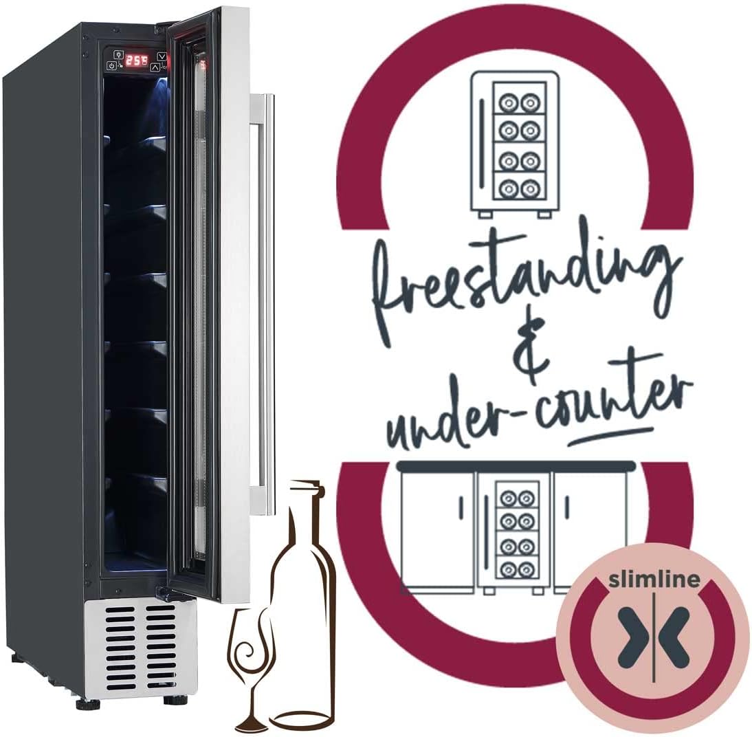 CWC150SS Freestanding under counter Wine Fridge Cabinet in Silver - 20 Litre Capacity - 15cm Width - 7 Bottles - Digital Temperature Control - Reversible Door Stainless Steel