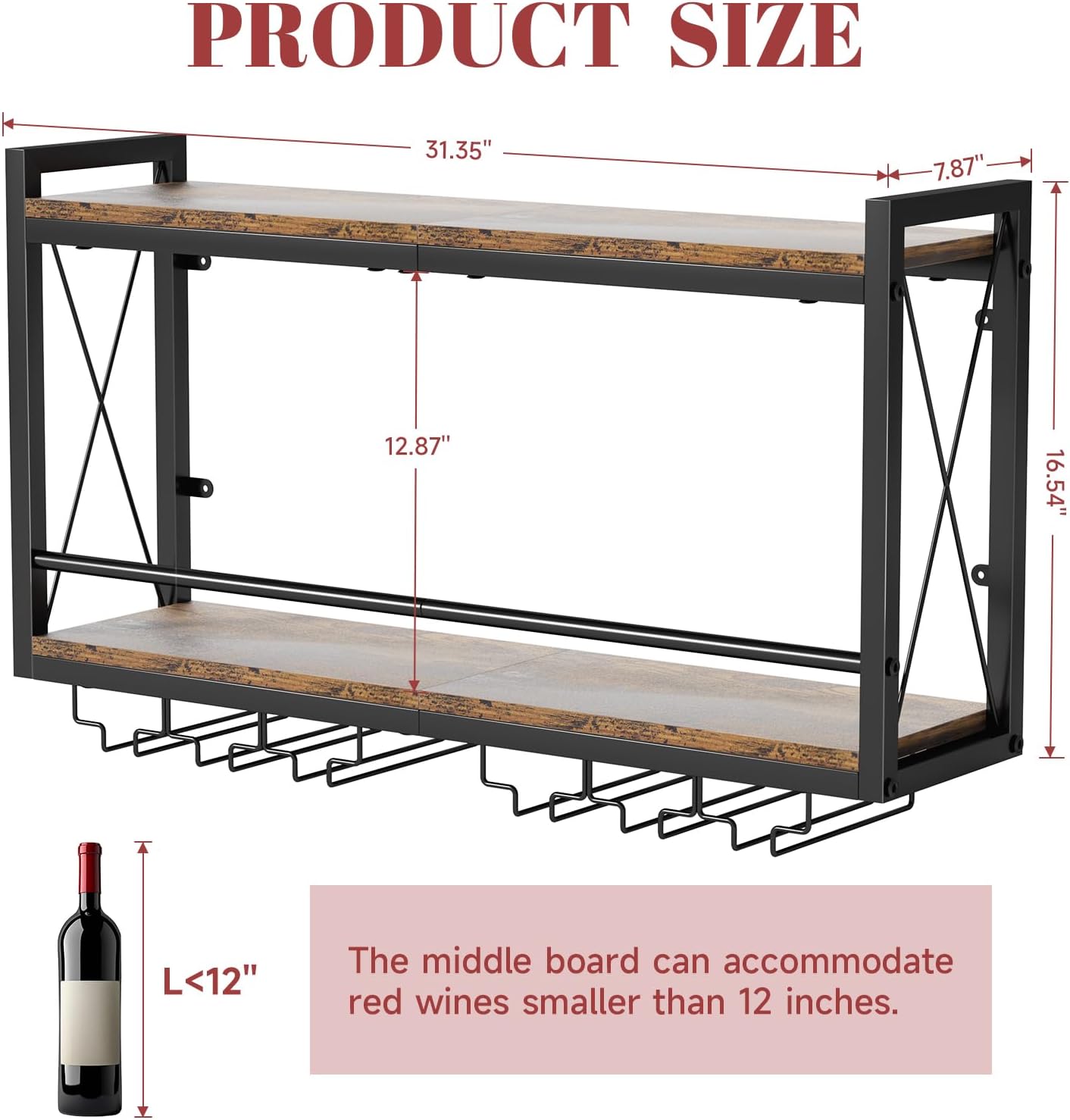 Wall Mounted Wine Rack with Colorful RGB LED Lights, 2 Tier Wall Wine Rack Glass Holder, Premium Rustic Wooden Metal Hanging Wine Rack, Wall Mount Wine Display Shelf for Home Bar Kitchen Dining Room