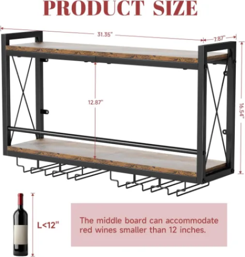 Wall Mounted Wine Rack with Colorful RGB LED Lights, 2 Tier Wall Wine Rack Glass Holder, Premium Rustic Wooden Metal Hanging Wine Rack, Wall Mount Wine Display Shelf for Home Bar Kitchen Dining Room