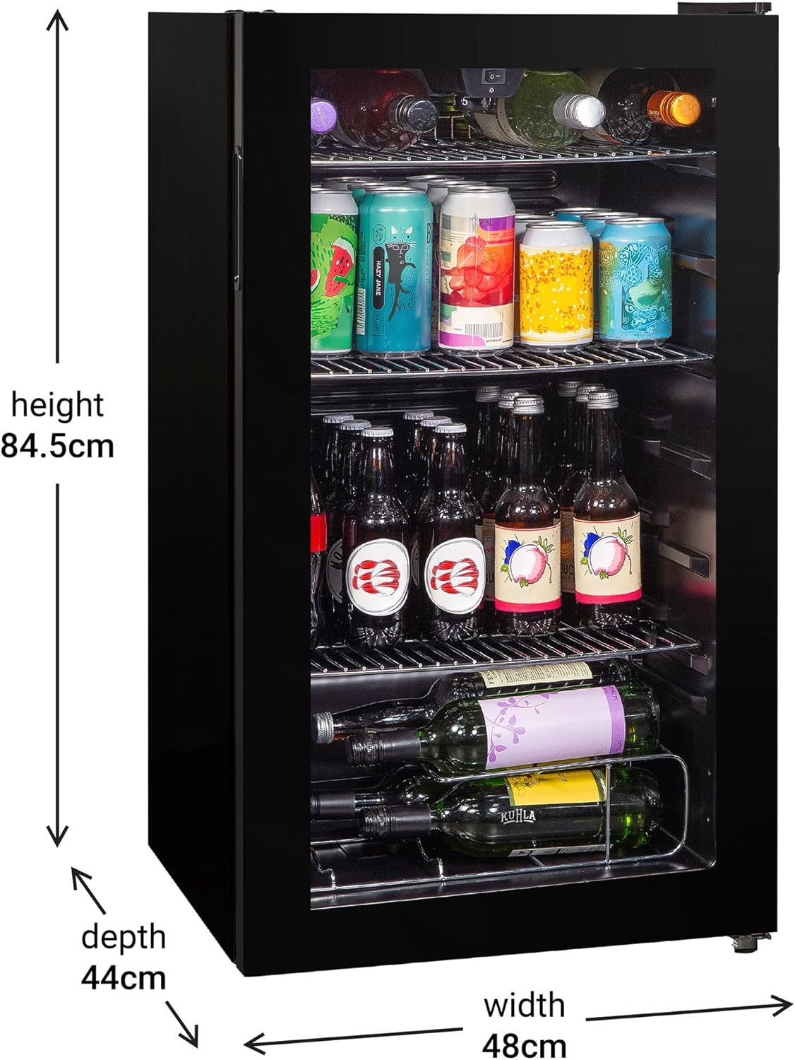 Mini Fridge 93 Litre Undercounter Freestanding Beverage/Drinks Wine Fridge for Beer in Black, LED Light, Drinks & Snacks Glass Door, 3 Adjustable Shelves, Energy Efficient, K48BC101B