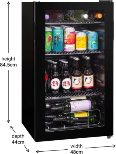 Mini Fridge 93 Litre Undercounter Freestanding Beverage/Drinks Wine Fridge for Beer in Black, LED Light, Drinks & Snacks Glass Door, 3 Adjustable Shelves, Energy Efficient, K48BC101B