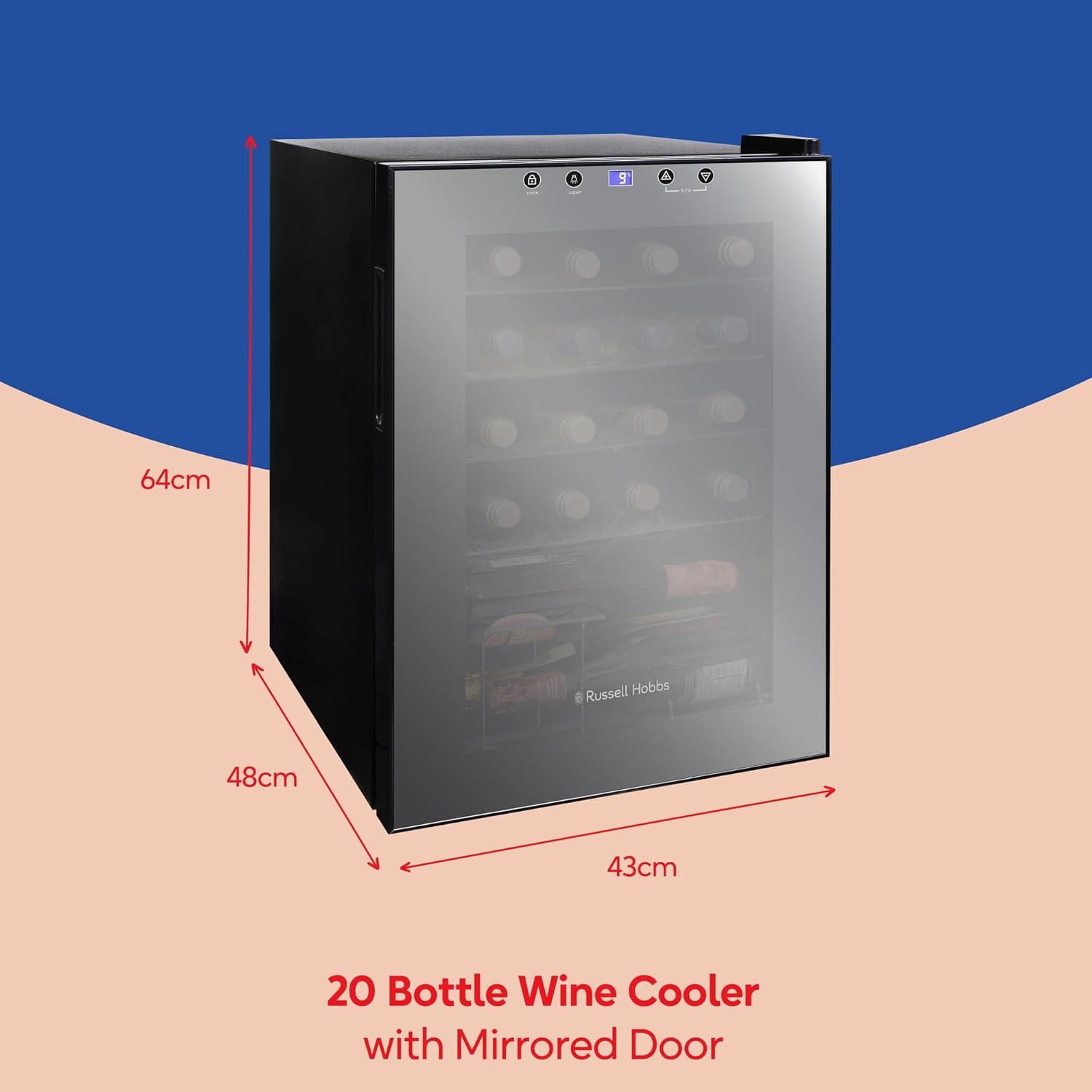 20 Bottle 62L Mirrored Door Wine Cooler Freestanding Beverage Drinks Fridge, LED Light with Touch Control, Digital Display, Adjustable Shelves, Glass Door RH20WC201MR