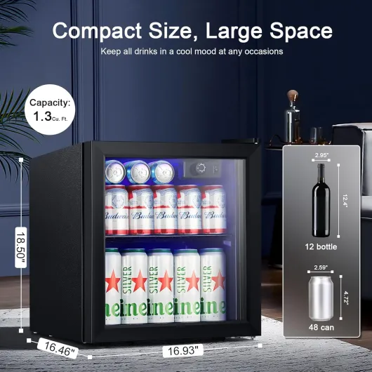 Mini Fridge Cooler, 12 Bottle 48 Can Beverage Refrigerator Glass Door for Drinks or Wine –Small Drink Dispenser for Home, Office, Electronic Knob Control,1.3Cu.Ft 36L
