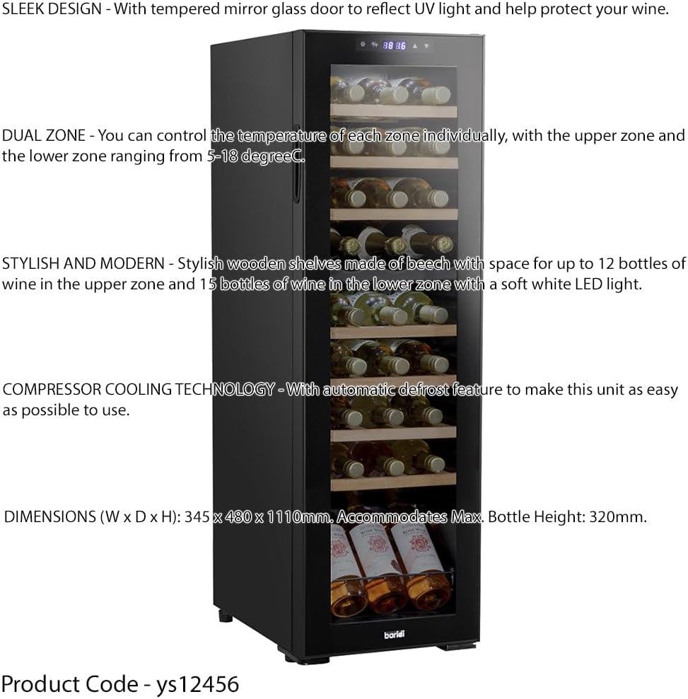 27 Bottle Dual Zone Freestanding Wine Cooler Fridge - LED Backlit Black & Glass