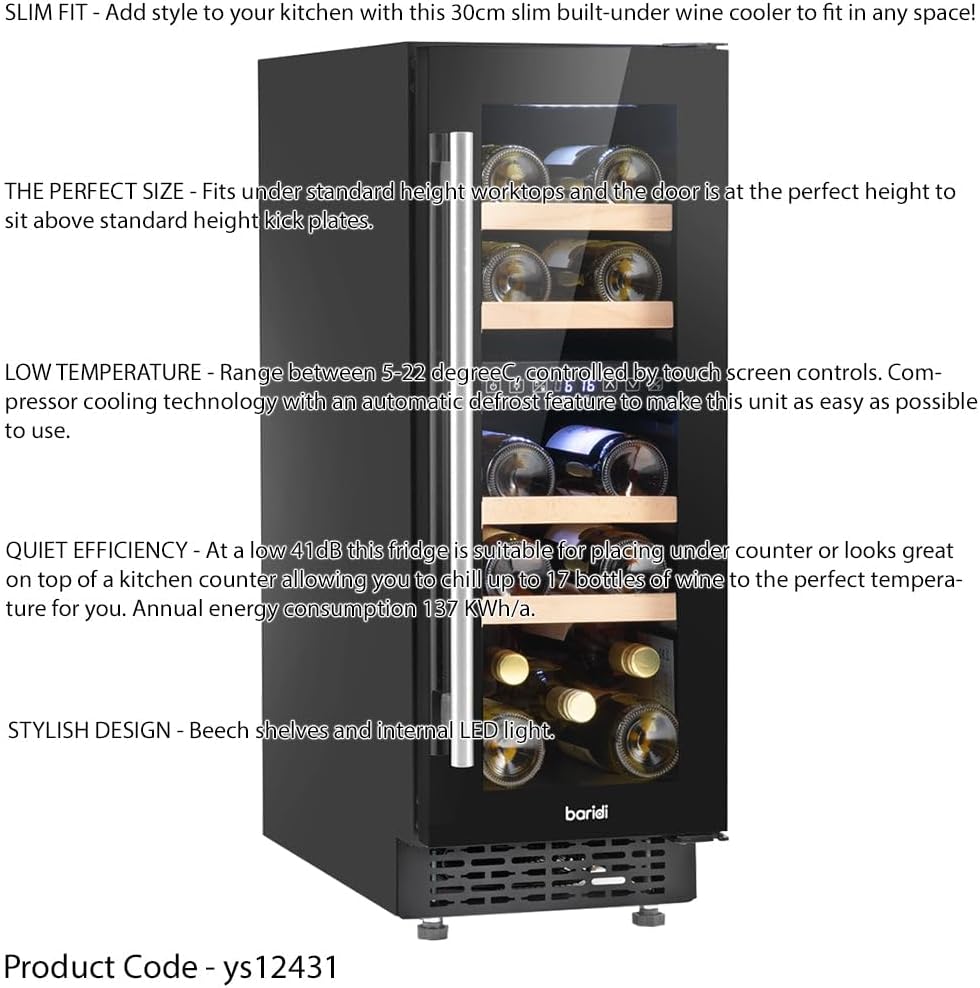 17 Bottle 30cm Built-in Slim Dual Zone Wine Cooler Fridge - LED Backlit Black