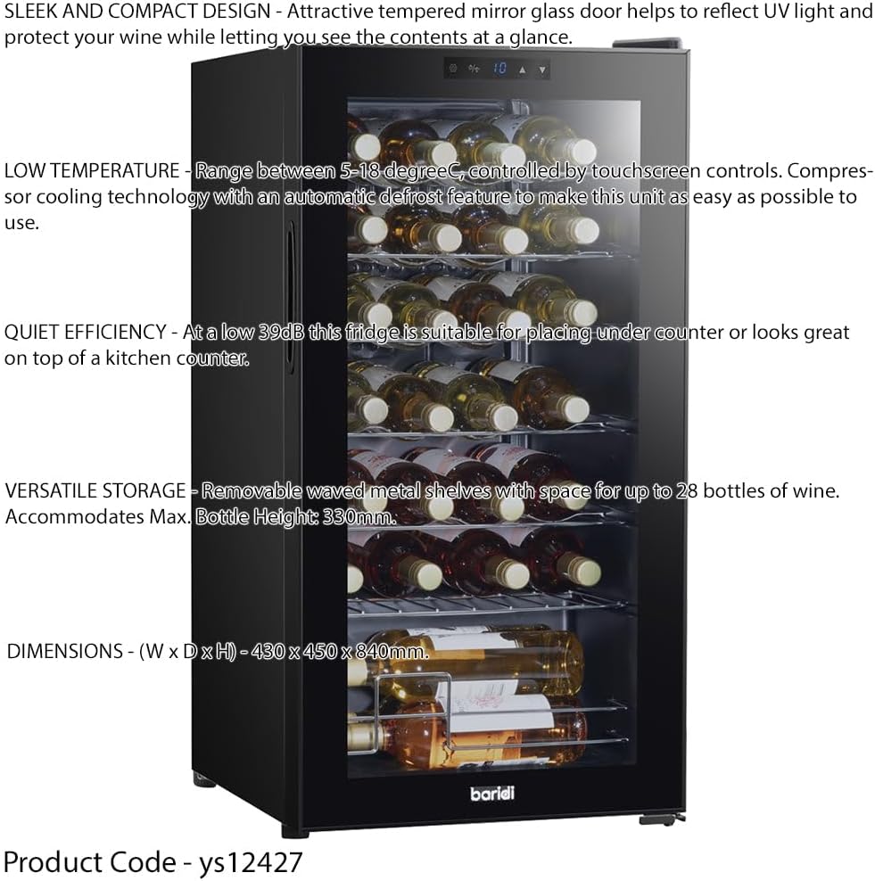 28 Bottle Free Standaing Wine Cooler Fridge - Touch Controls & LED Backlit Black