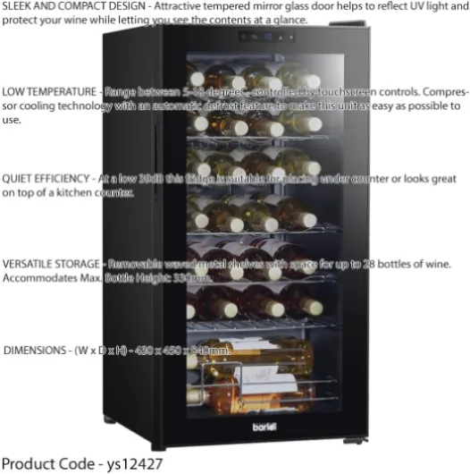 28 Bottle Free Standaing Wine Cooler Fridge - Touch Controls & LED Backlit Black