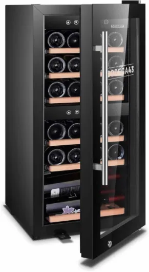 24 Wine Fridge - Dual-zone wine cooler, 5-20 ºC, 80 litres, 24 bottles, 6 shelves, Wine fridge with glass door, low vibration, 43 dB black 24 Bottles - 80 litres
