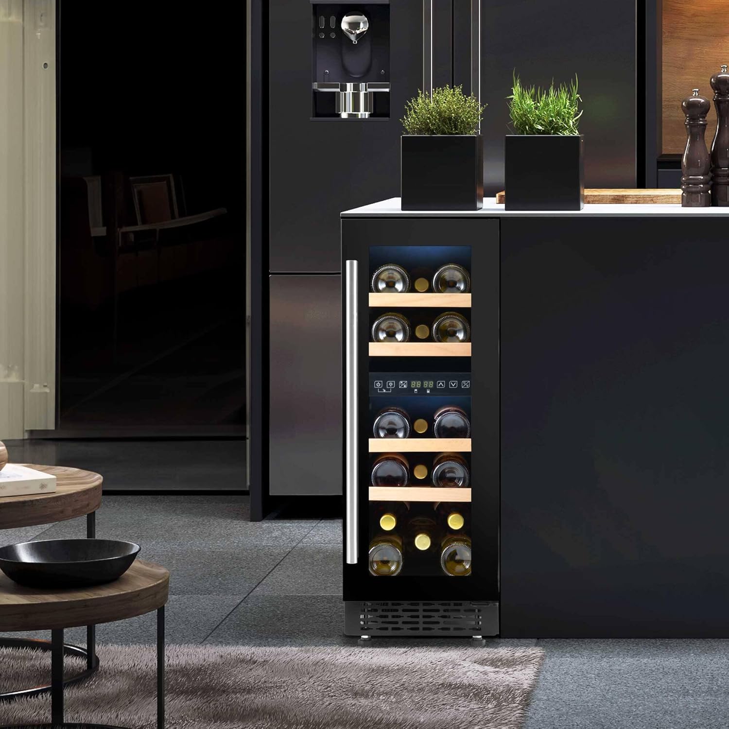 Baridi 17 Bottle Dual Zone Slim Built-In 30cm Wine Cooler with Touch Screen Controls, Beech Wood Shelves & LED Light, Black - DH204