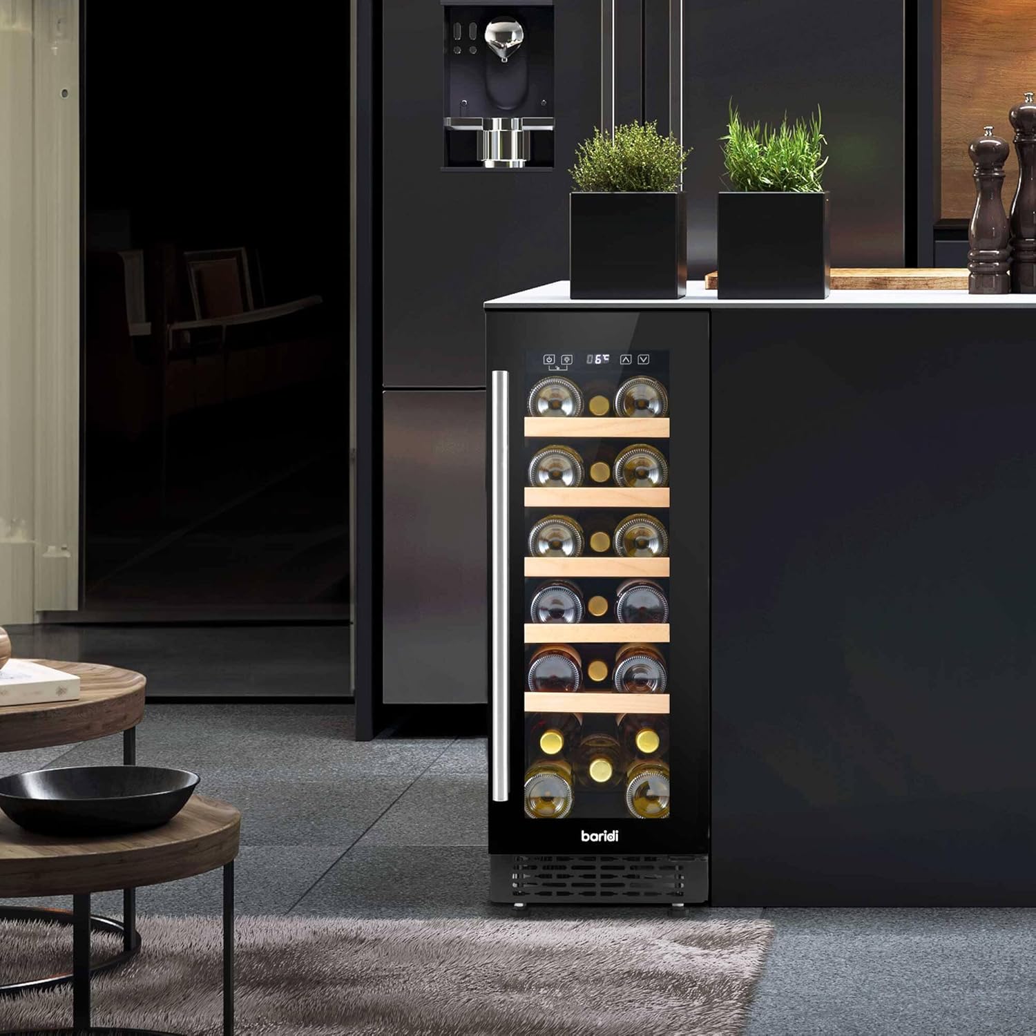 Baridi 20 Bottle Slim Built-In Wine Cooler with Digital Touchscreen Controls, Beech Wood Shelves & Internal LED Light, Black - DH203