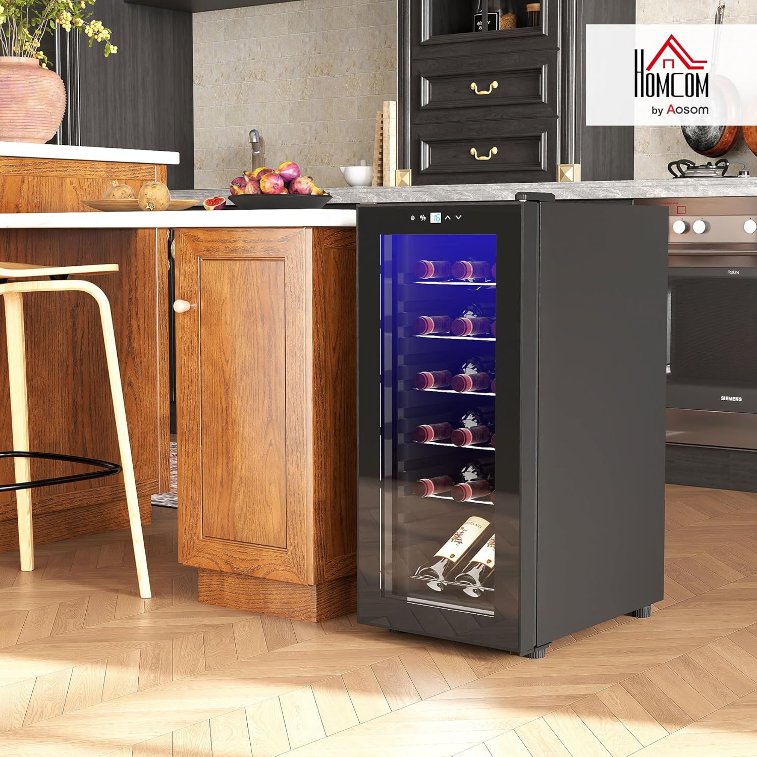 50L Wine Cooler, 18 Bottles, 5-18° Freestanding Wine Fridge with Glass Door, LED Light, Temperature Control and Digital Touch Screen, Black