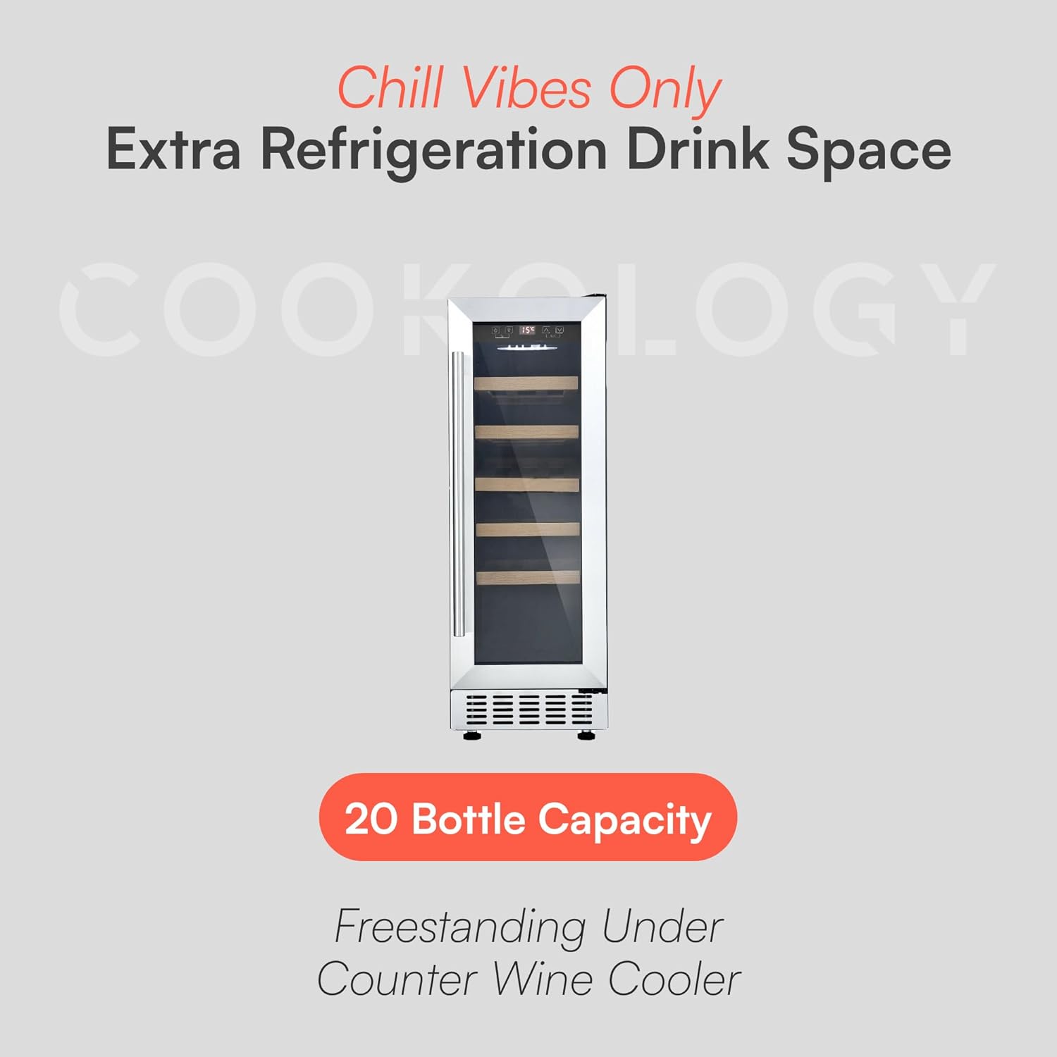 CWC300SS Freestanding Under Counter Fridge Cabinet 30cm Wine Cooler in Stainless Steel - 20 Bottle & 60 Litre Capacity - 5 Sliding Shelves - Digital Temperature Control - Reversible Door