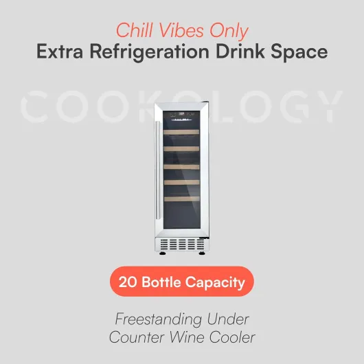 CWC300SS Freestanding Under Counter Fridge Cabinet 30cm Wine Cooler in Stainless Steel - 20 Bottle & 60 Litre Capacity - 5 Sliding Shelves - Digital Temperature Control - Reversible Door