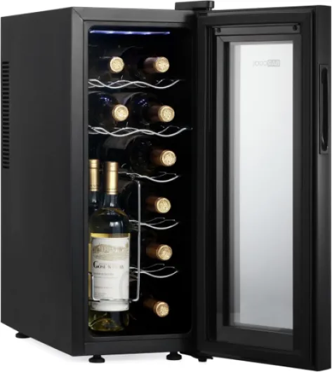 VINO12 – Table-Top Slim Wine Cooler Fridge Black - 5-18°C - 12 Bottle Wine Fridge - LED + Digital Display - UV-Tempered Glass Door Drinks Cellar - Single-Zone 12 Bottle (Slim Version)