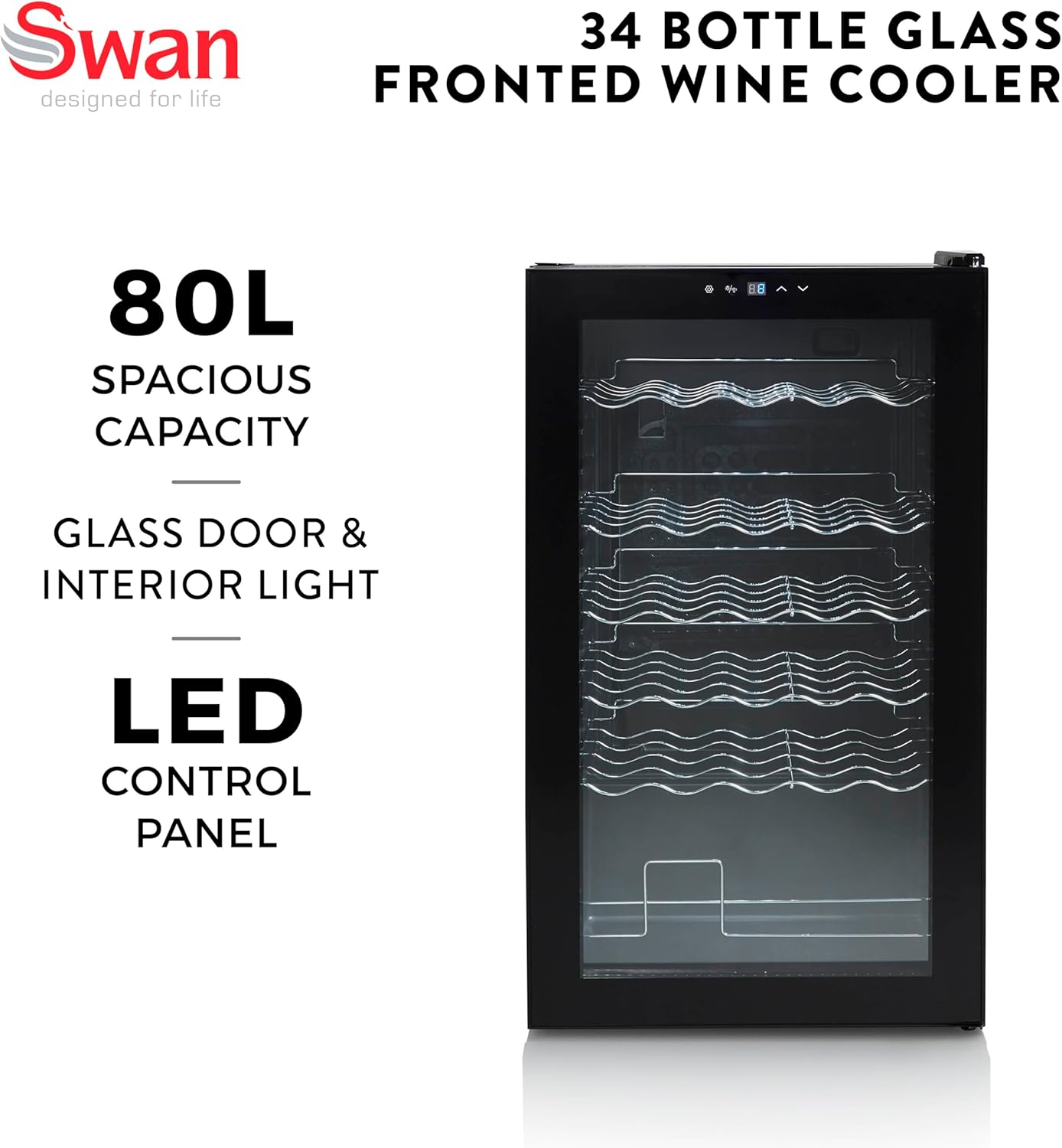 34 Bottle Glass Fronted Wine Cooler, LED Display, 80L Capacity, Black, SR12040BN