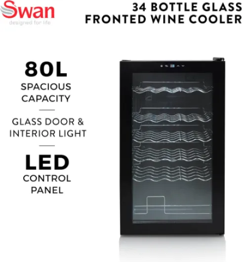 34 Bottle Glass Fronted Wine Cooler, LED Display, 80L Capacity, Black, SR12040BN