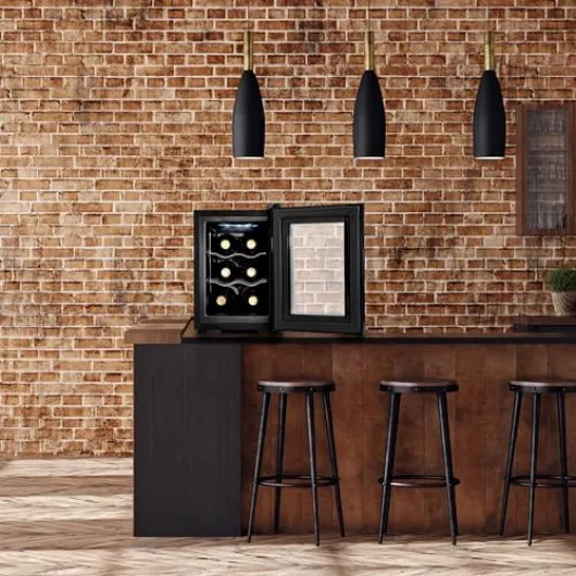 VINO6 – Table-Top Wine Fridge Black - 5-18°C - Wine Cooler - LED + Digital Display - Glass Door Drinks Cellar - Single-Zone (6 Bottle)