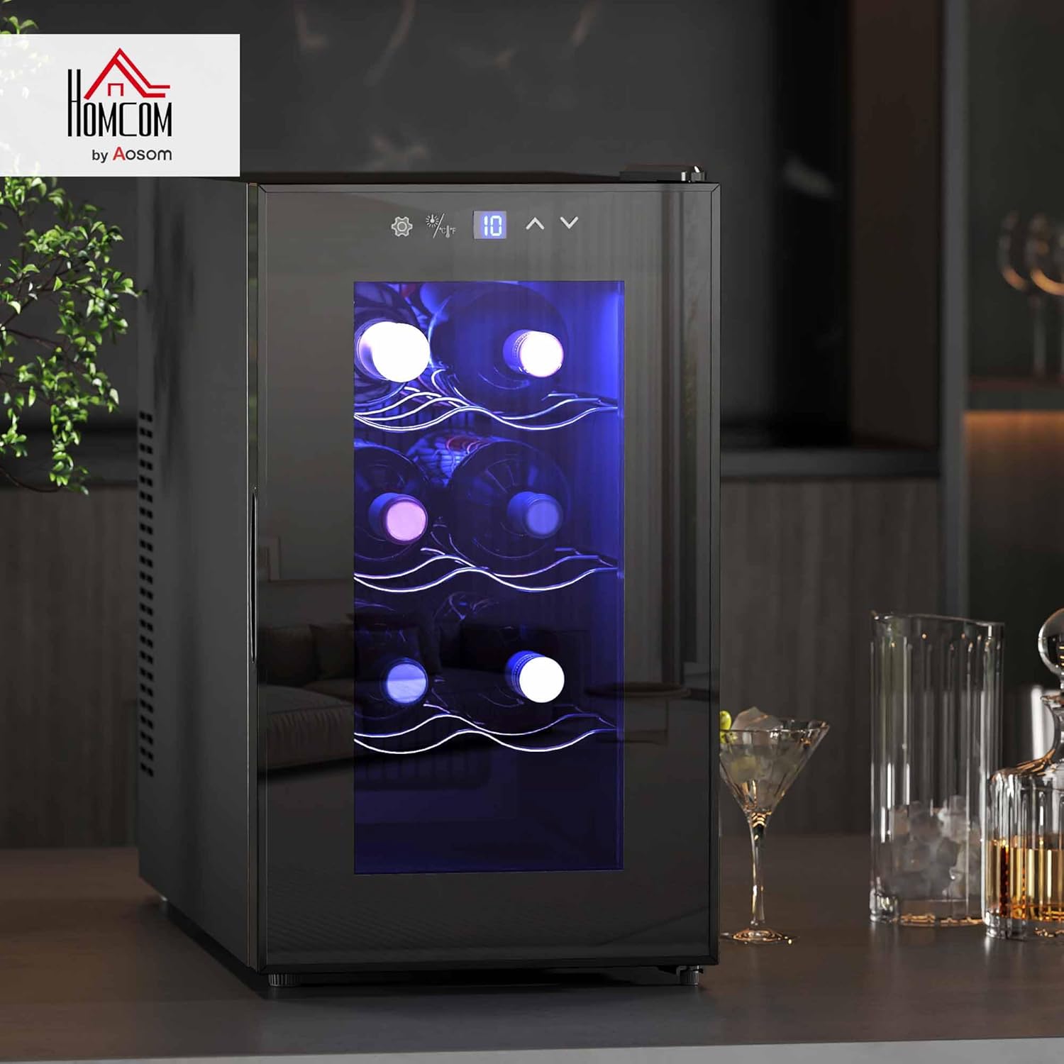 Mini Table Top Wine Fridge, 8 Bottle, 17L, 8-18℃, 26.5cm Quiet Under Counter Wine Cooler Fridge with Glass Door, LED Light, Digital Touch Screen, Temperature Control