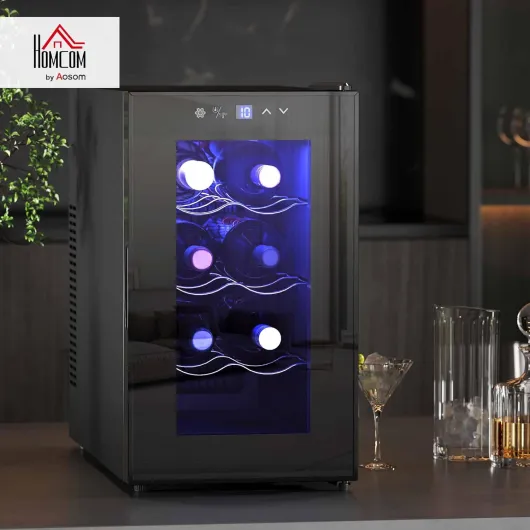 Mini Table Top Wine Fridge, 8 Bottle, 17L, 8-18℃, 26.5cm Quiet Under Counter Wine Cooler Fridge with Glass Door, LED Light, Digital Touch Screen, Temperature Control