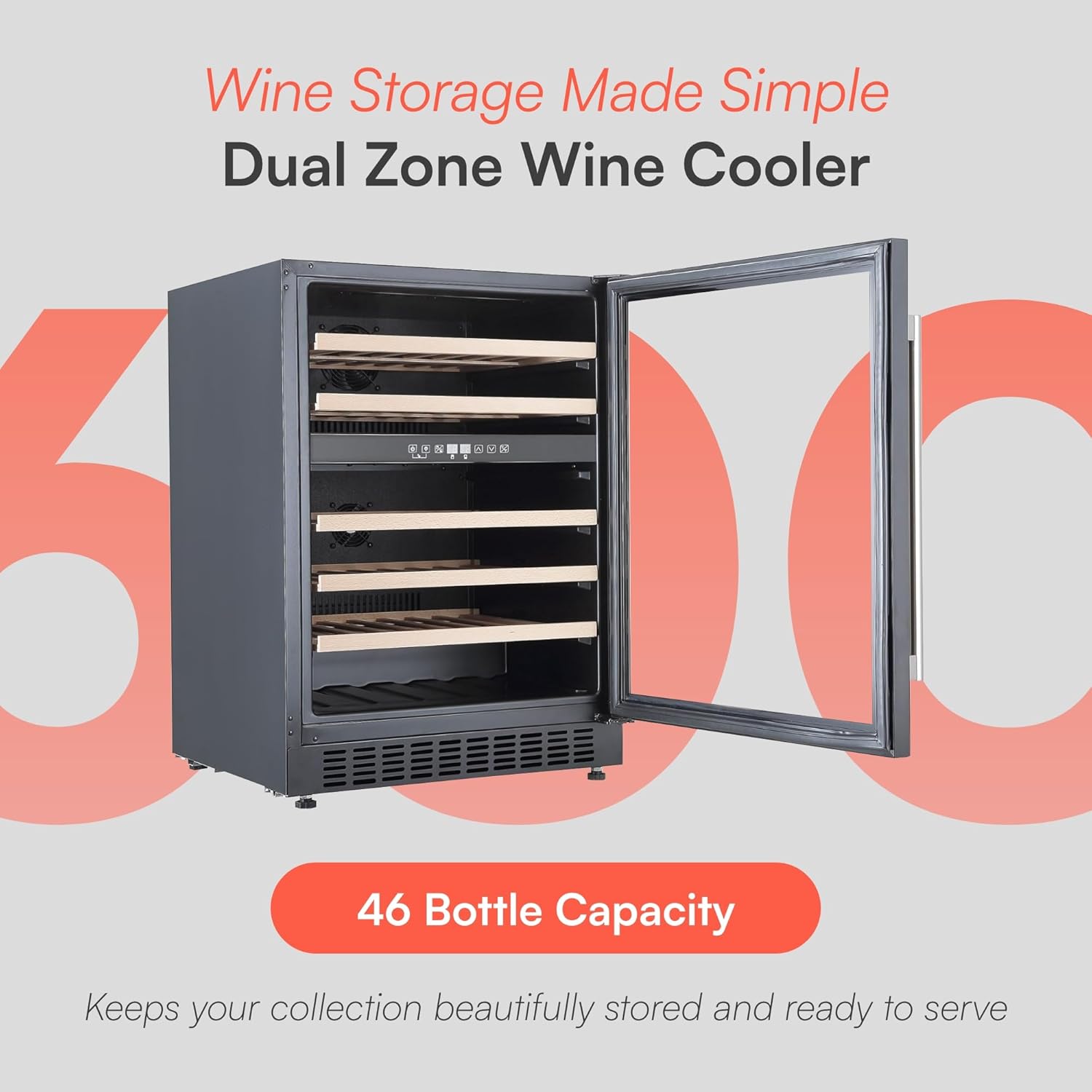 CWC605BK 60cm Freestanding Wine Cooler Fridge, Built Under Counter with Digital Dual Temperature Zones, LED Light, Anti UV Glass, 46 Bottle, 129 Litre Capacity - in Black
