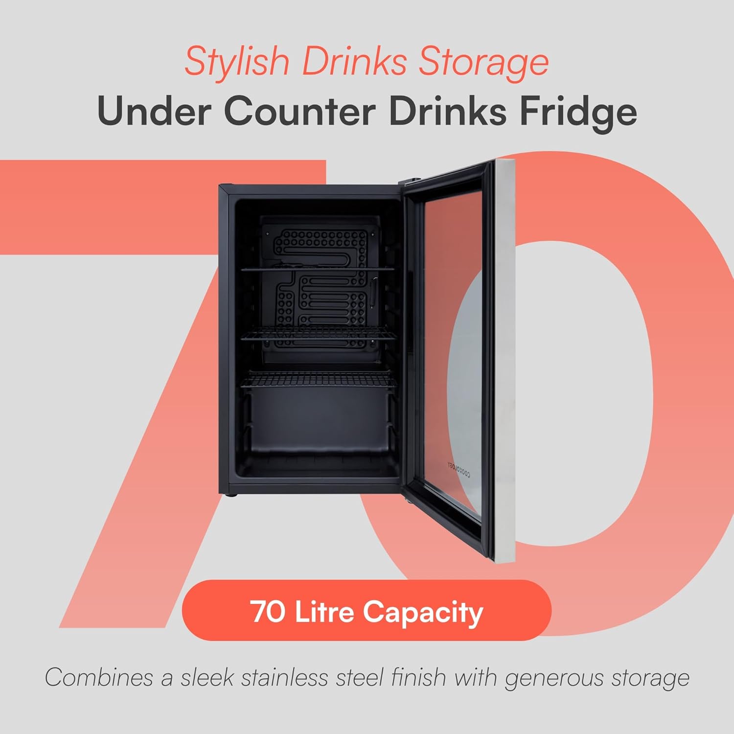 70L Under-Counter Fridge - Beer, Wine & Drinks with Adjustable Temperature Control, Energy Efficient - Stainless Steel Silver
