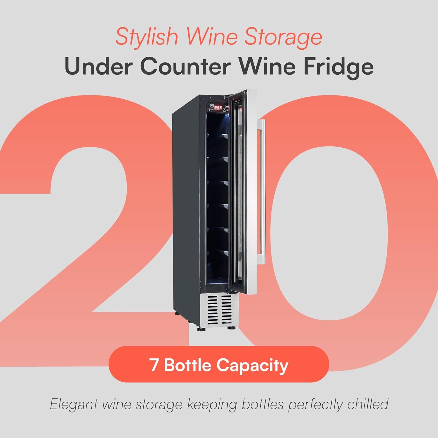 20L Freestanding Under Counter Fridge Cabinet 15cm Wine Cooler, 7 Bottle, with Digital Temperature Control and Reversible Door - White