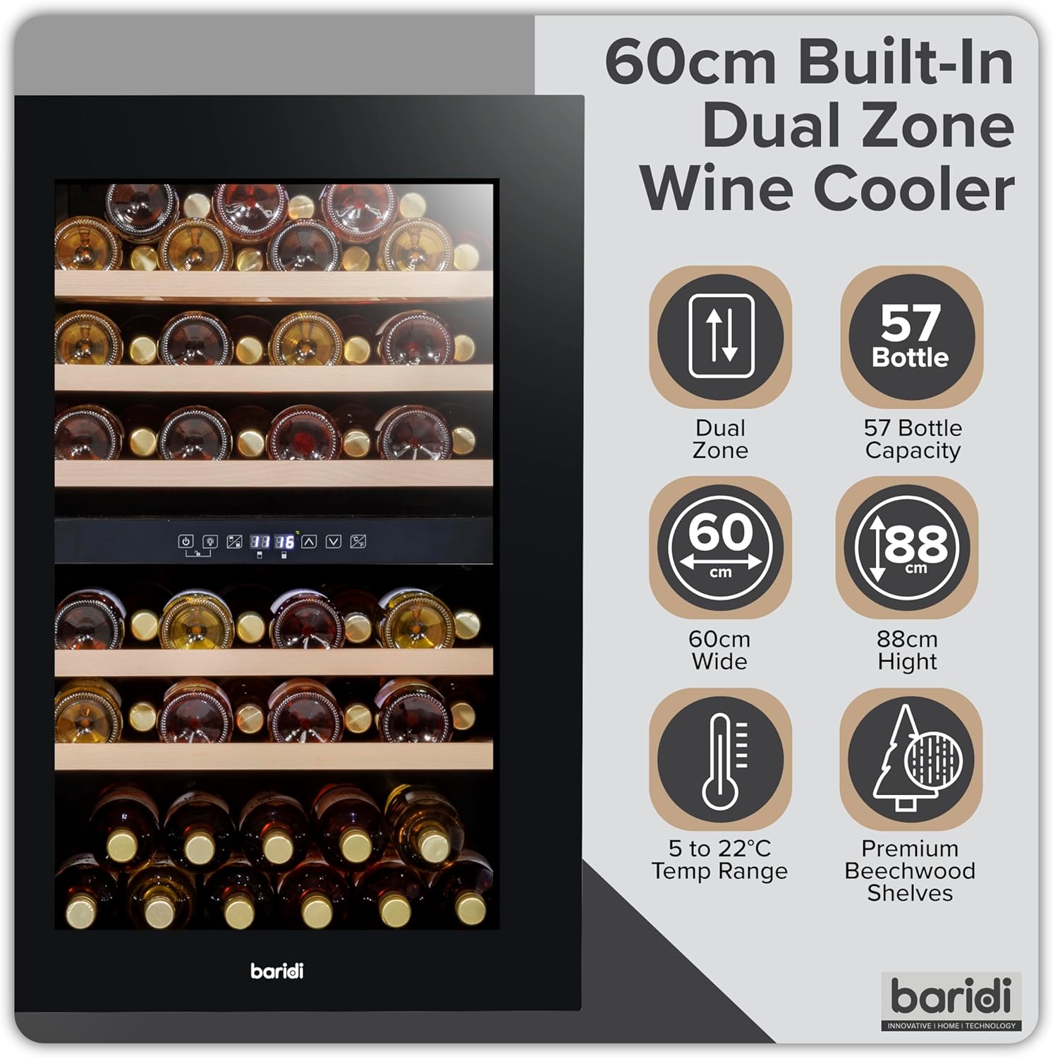 Baridi 60cm Built-In Dual Zone 57 Bottle Wine Cooler with Beech Wood Shelves, Black - DH118