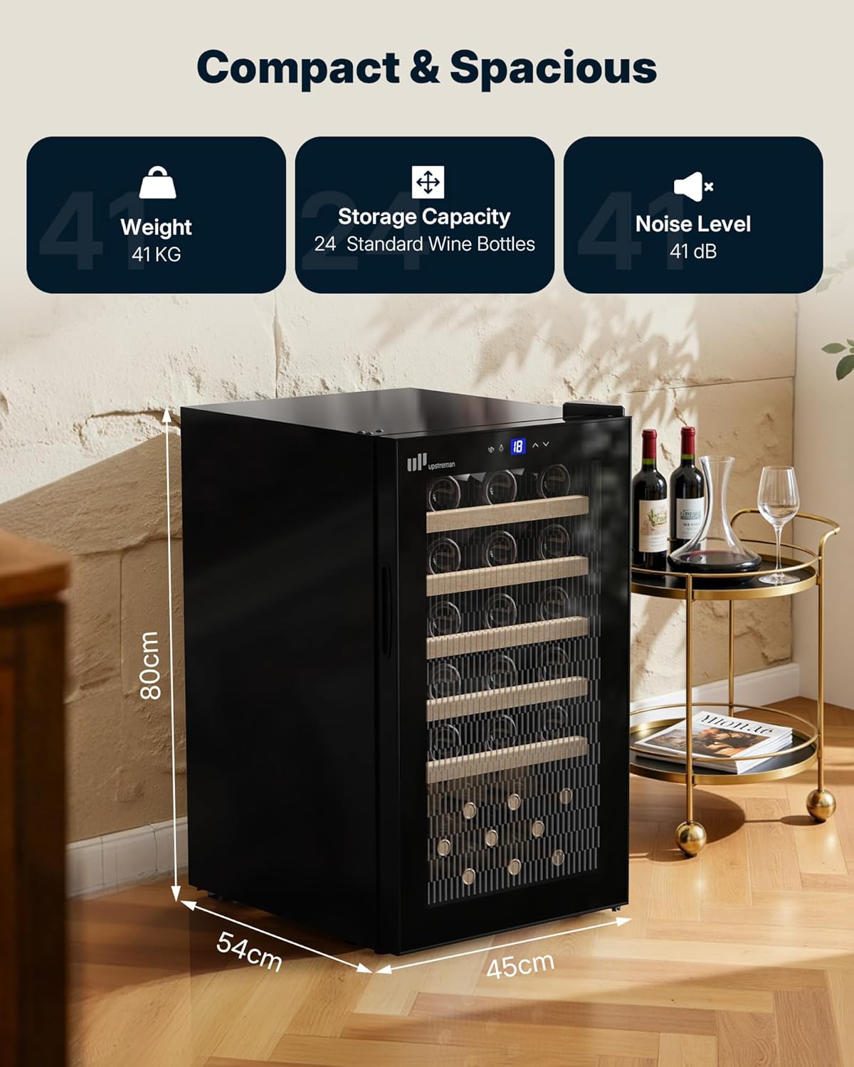 Wine Fridge 41Bottle, Full Glass Door Wine Cooler, 5°C - 20°C Adjustable, Built-in & Under-Counter Fit, Double Glazing, Touch Control Panel, LED Lighting, 5 Shelves, W41-Black 41 Bottle